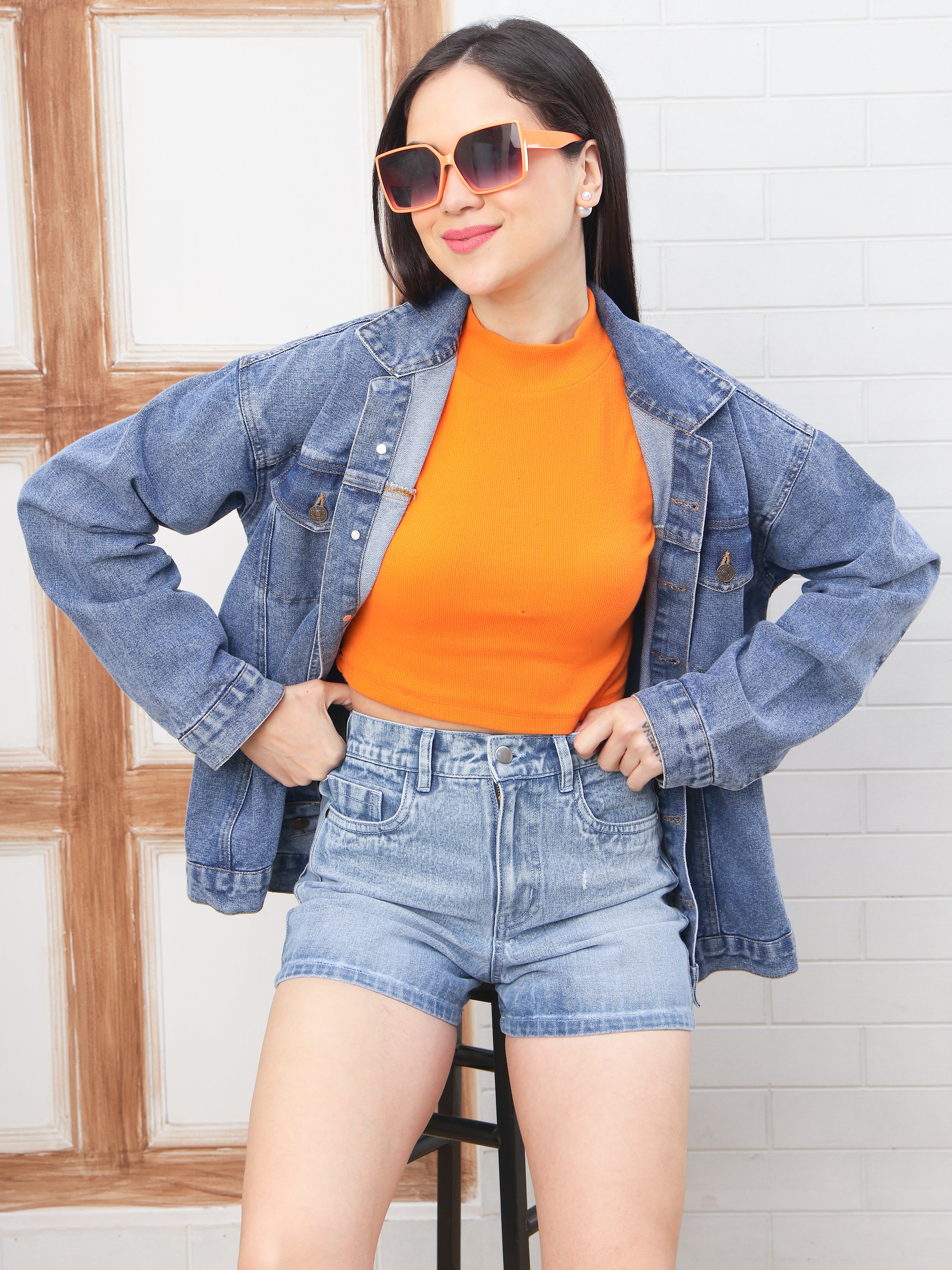 Dozer Blue High-Rise Stretch Denim Shorts