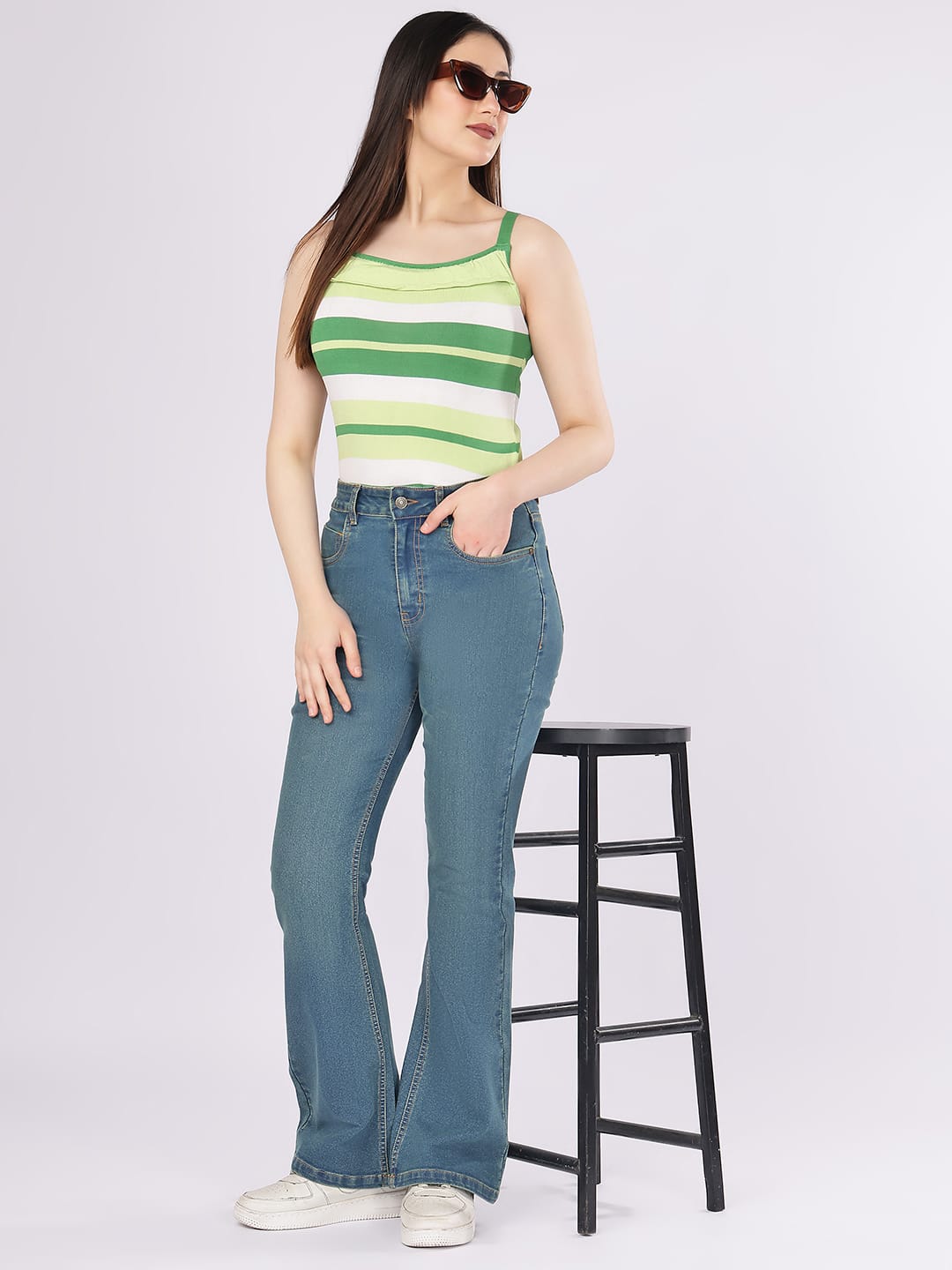 PUELLA Women's Mid-Blue High-Rise Bootcut/Flared Jeans