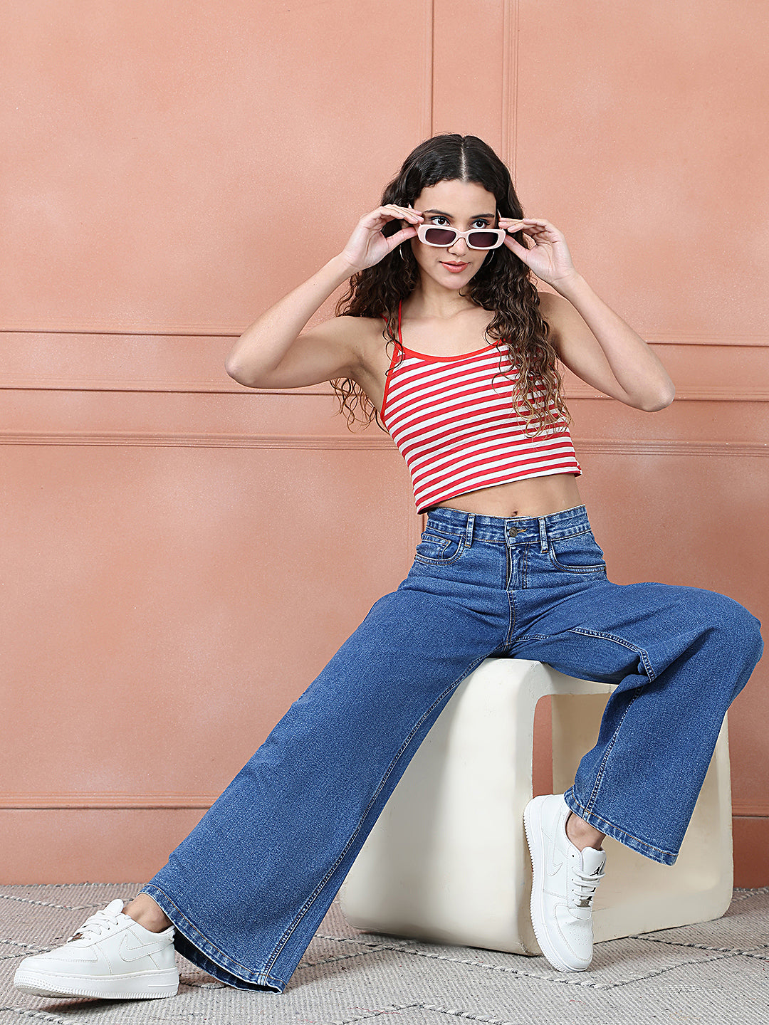 PUELLA Women Light Blue Washed High-Rise Wide-Leg Jeans