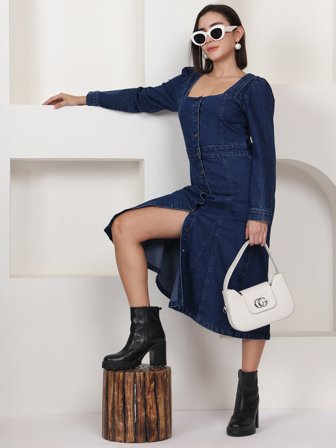 green emerald velvet dress Joseph Ribkoff Denim Fit And Flare Midi Dress With Belt Style 262901