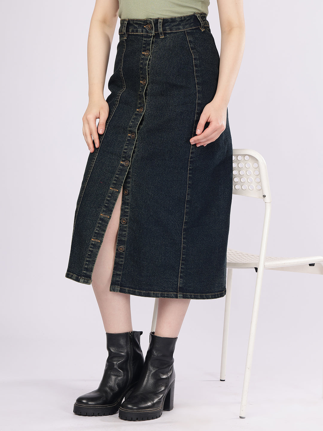 Women’s Dark Wash Paneled Denim Skirt with Front Buttons