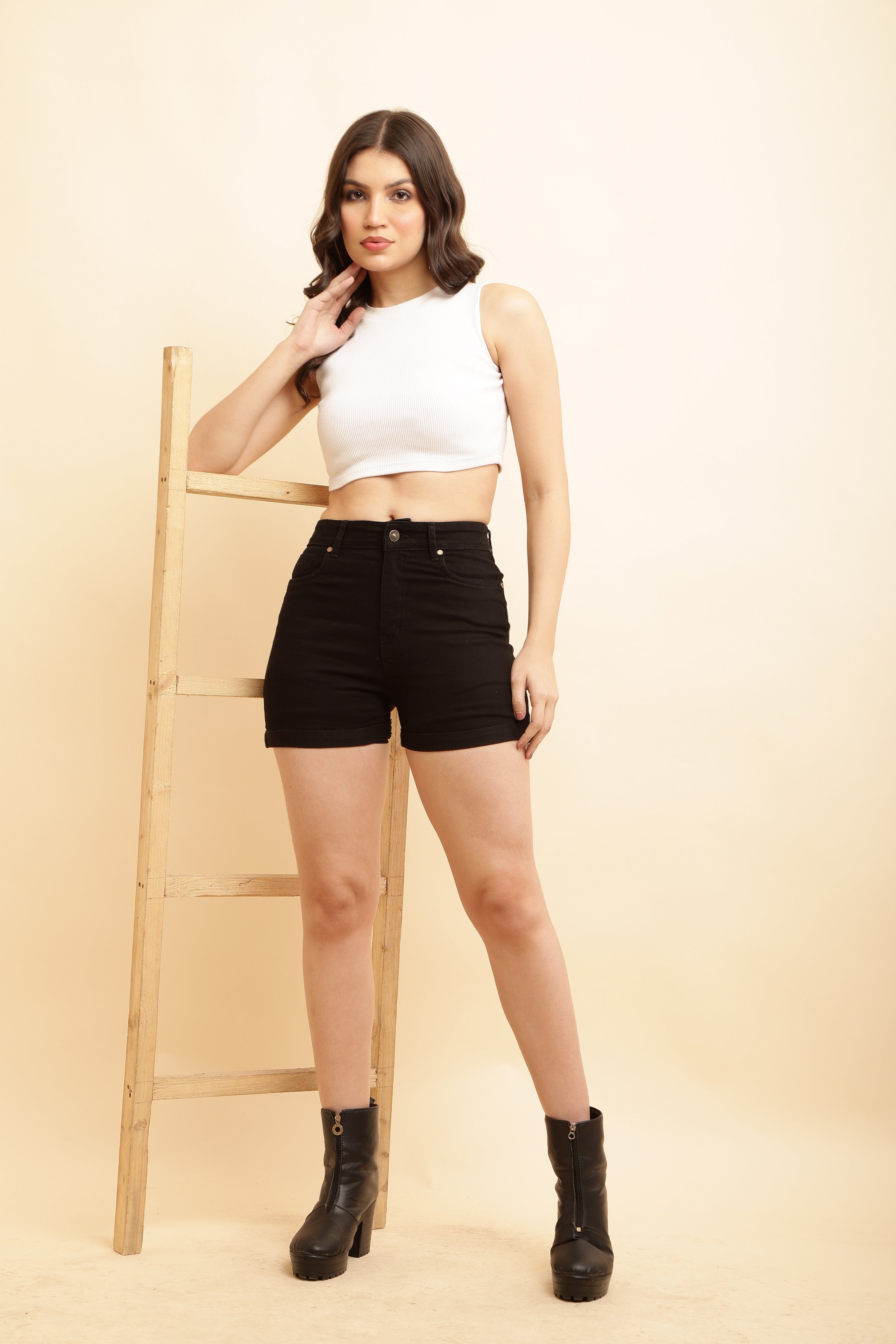 PUELLA Women’s Black High-Rise Slim Fit Denim Shorts with Folded Hem