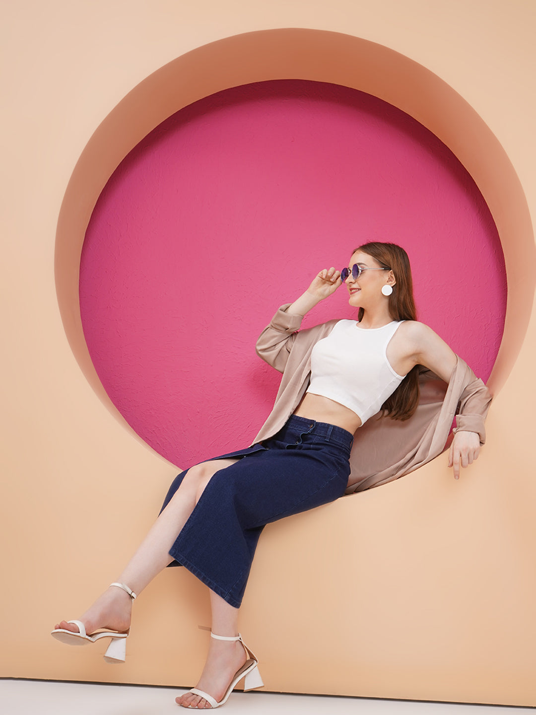 PUELLA Women’s Dark Blue High-Rise Midi Denim Skirt with Front Slit & Button Detailing