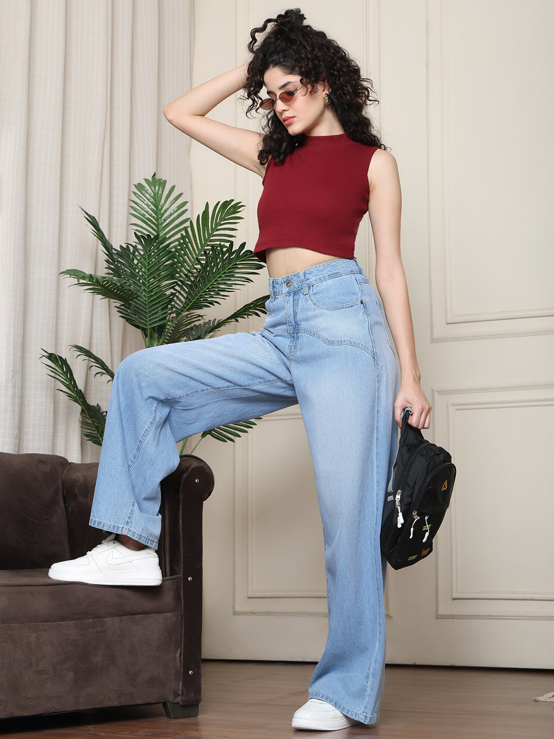 PUELLA Women’s Light Blue High-Rise Loose Straight Fit Jeans with Yoke Design