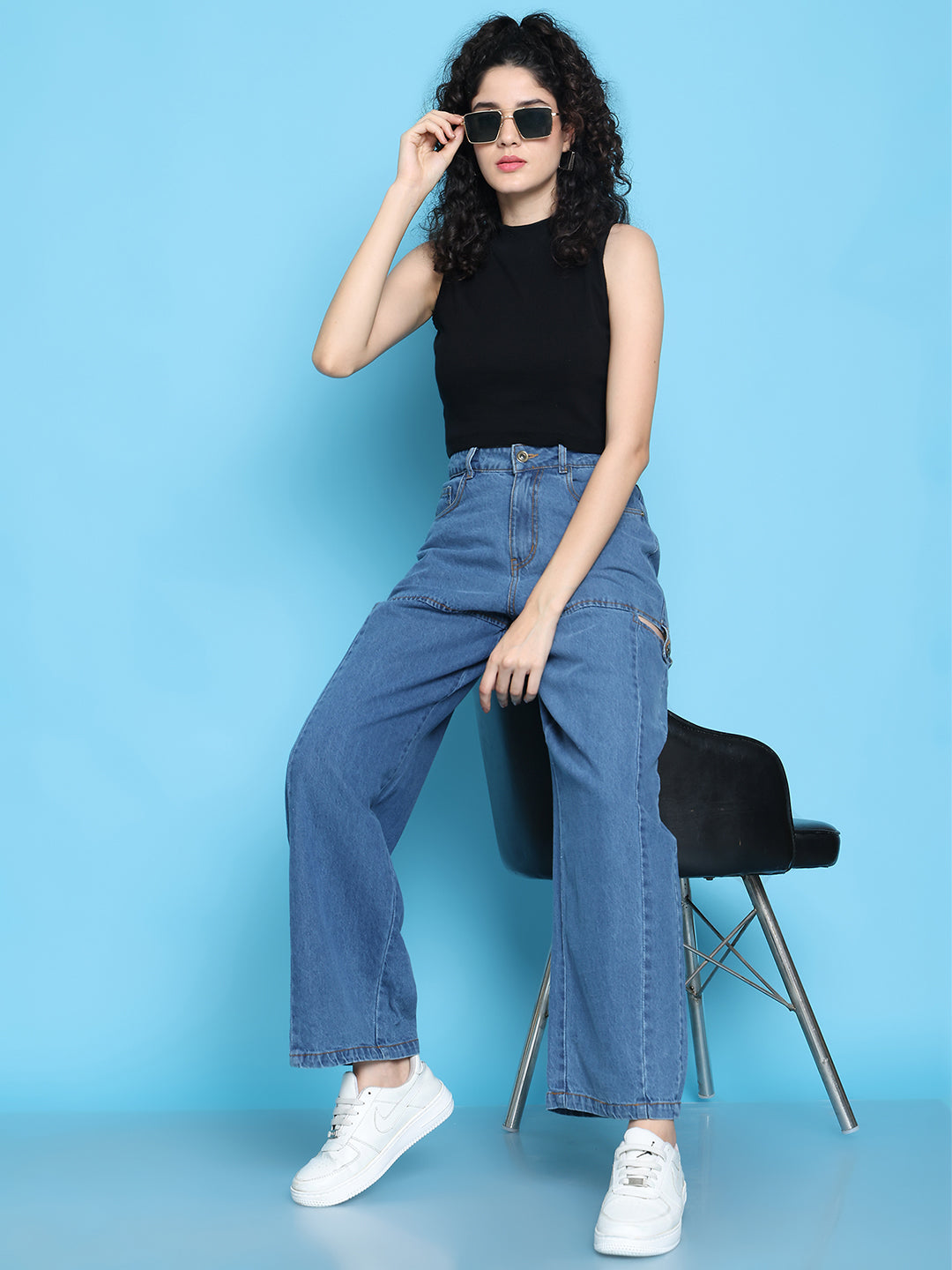 PUELLA Women’s Blue High-Rise Loose Straight Fit Jeans