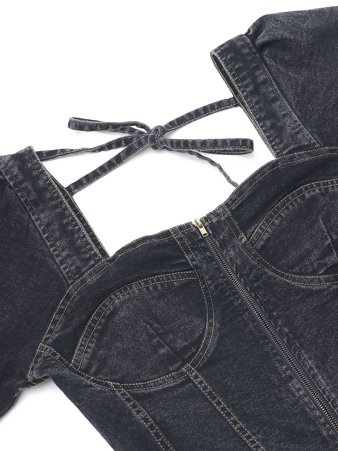 PUELLA Women’s Black Denim Corset Top | Full Sleeve Front Zipper Western Crop Top for Party, Casual & Clubwear