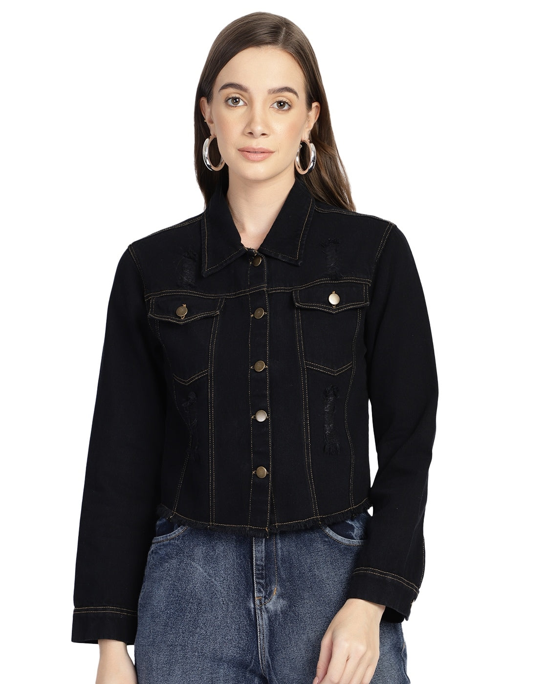 PUELLA Women’s Black Cropped Denim Jacket with Distressed Detailing
