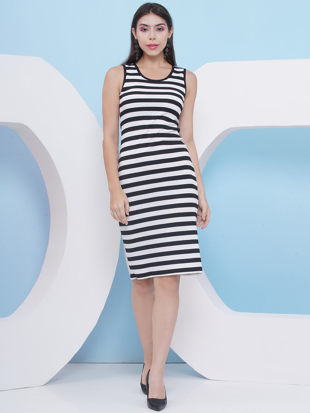 PUELLA Women's Black & White Striped Sleeveless Bodycon Midi Dress C Puella PUELLA Women's Black & White Striped Sleeveless Bodycon Midi Dress C Puella