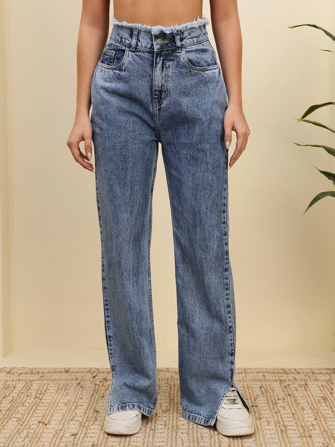 Women’s Blue High-Rise Straight Fit Jeans with Raw Edge Waist and Front Slit