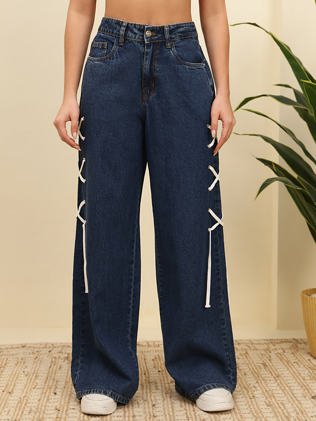 Women’s Dark Blue High-Rise Loose Fit Jeans with Side Lace-Up Detail
