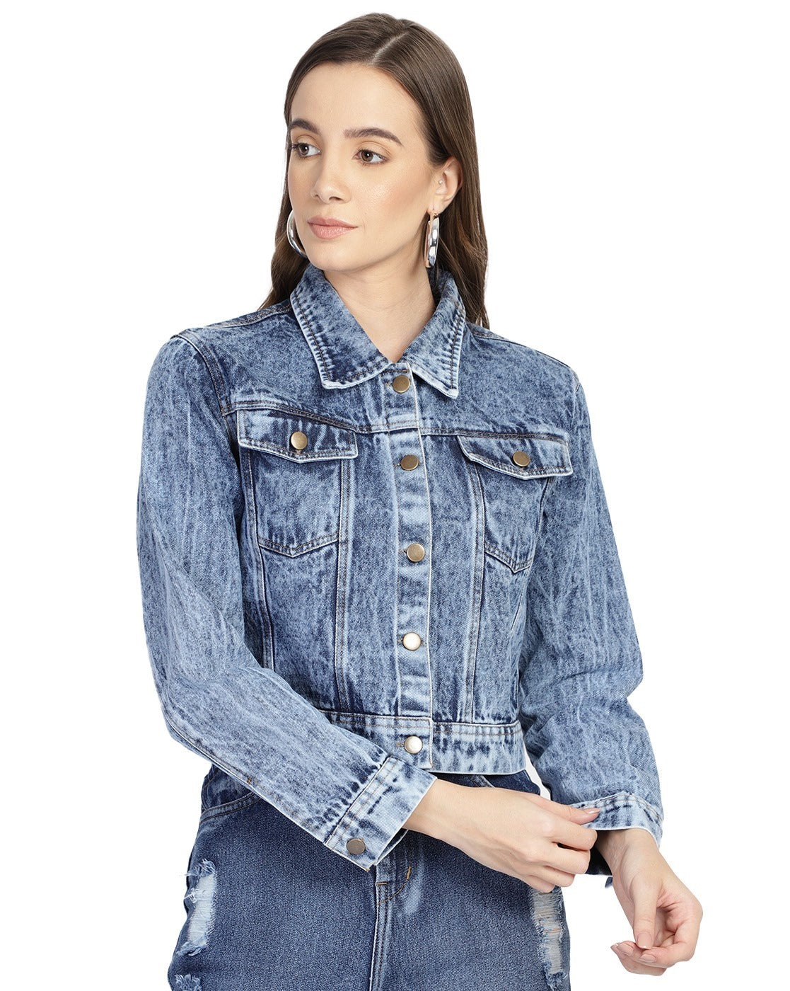 PUELLA Women’s Light Blue Acid Wash Cropped Denim Jacket with Button Closure