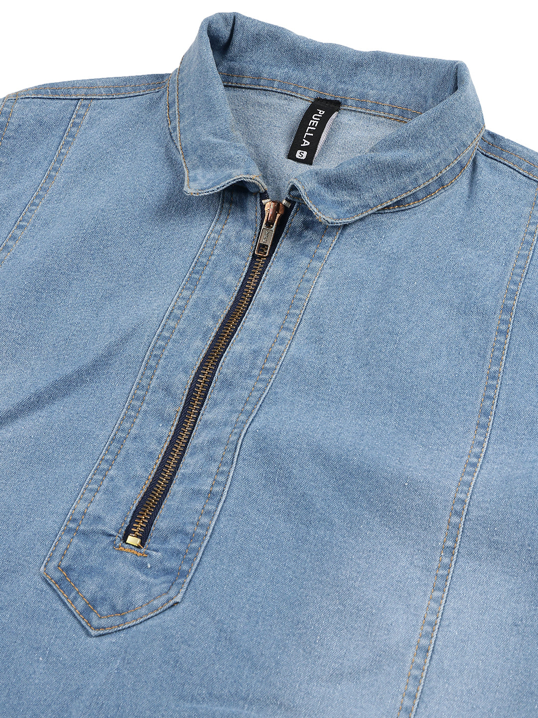Women's Light Blue Short Sleeve Denim Shift Dress – Casual High-Neck Quarter-Zip Mini Tunic Dress
