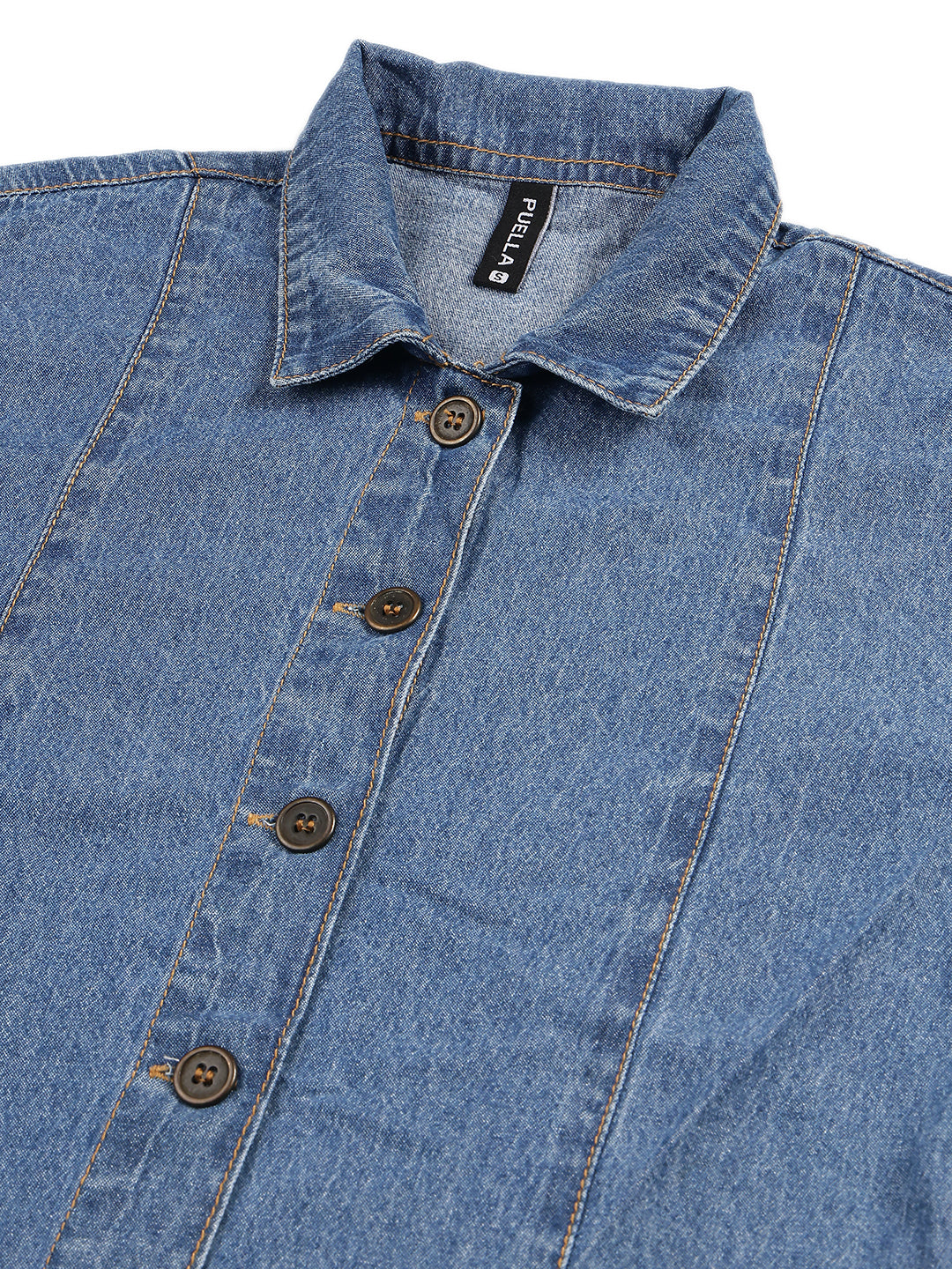 Women's Medium Wash Long Sleeve Denim Shirt Dress – Elegant Full Button-Down A-Line Mini Dress with Puff Sleeves