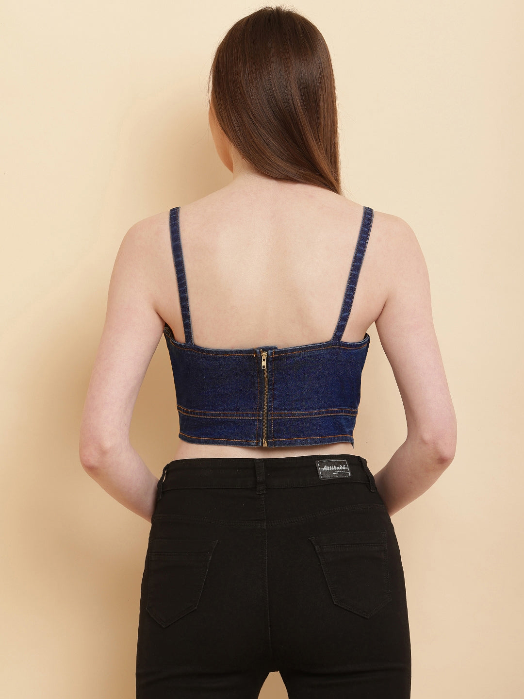PUELLA Women’s Blue Denim Corset-Style Crop Top with Spaghetti Straps & Back Zipper
