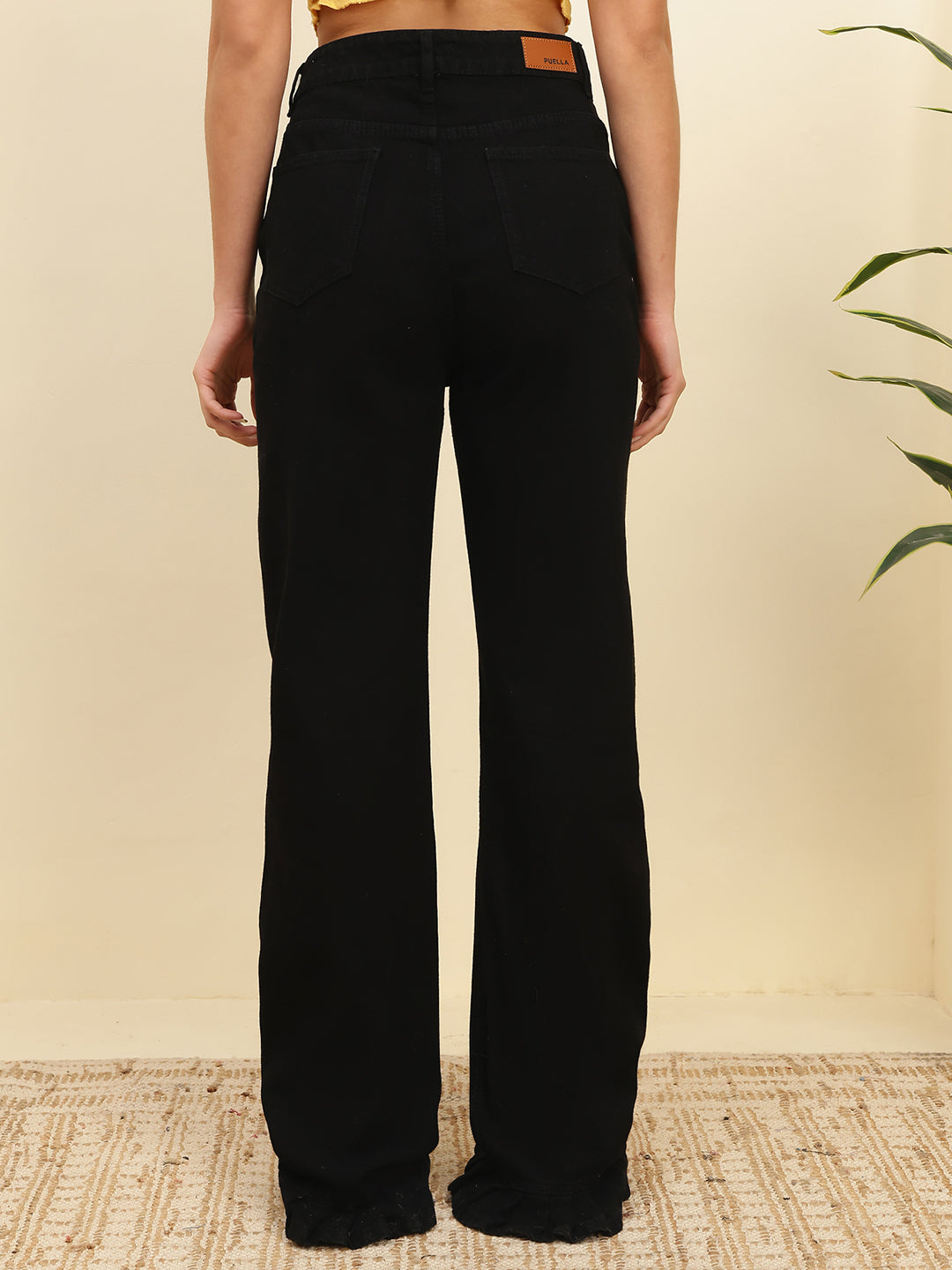 Women’s Black High-Rise Straight Fit Jeans with Ruffled Hem Detail