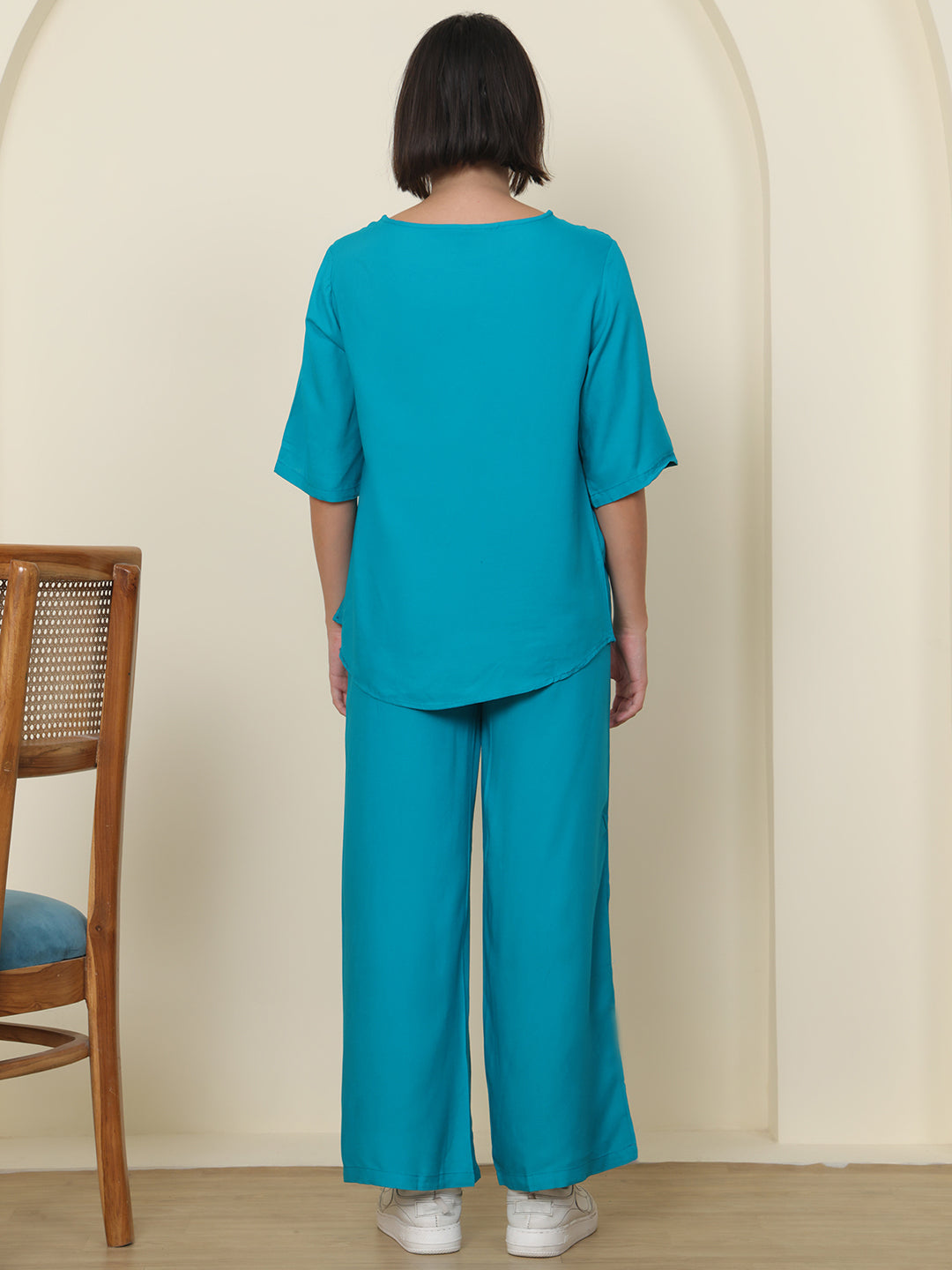 PUELLA Women Teal Blue Embroidered Pure Cotton Co-ord Set