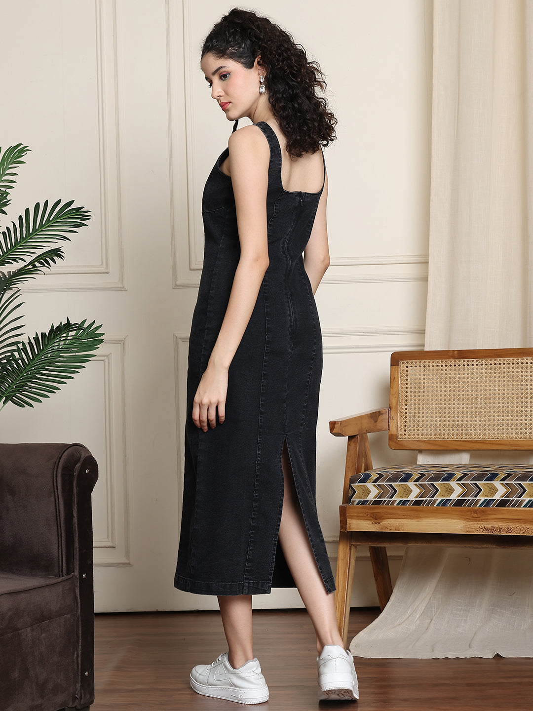 PUELLA Women's Black Denim Bodycon Midi Dress – Puella
