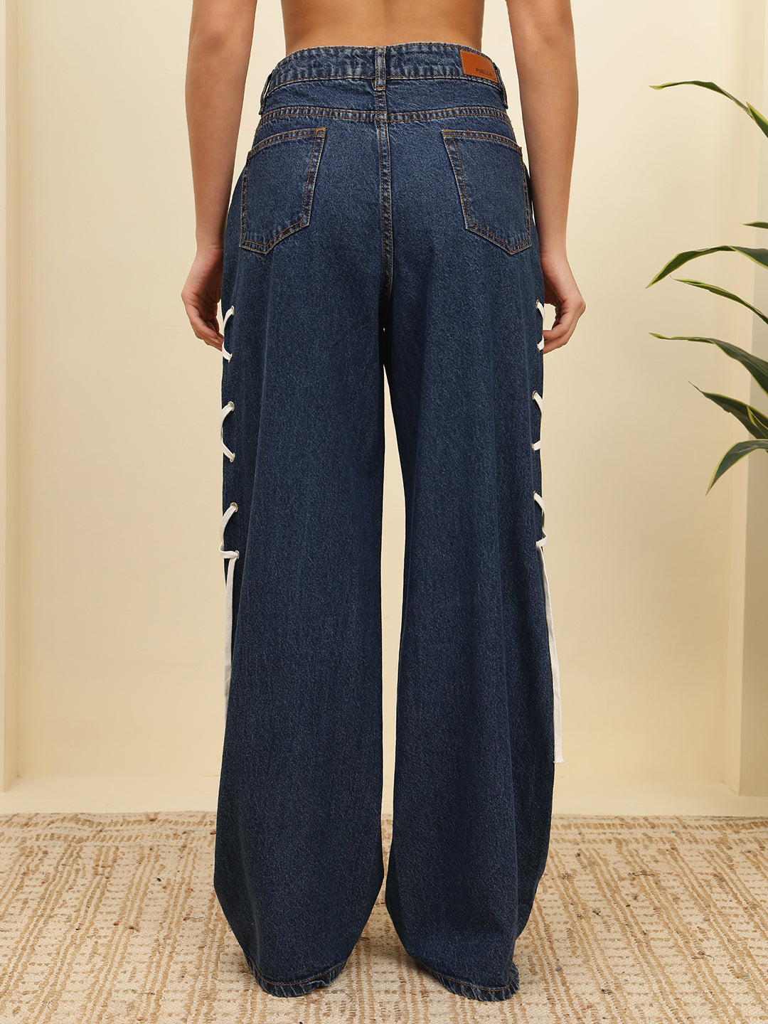 Women’s Dark Blue High-Rise Loose Fit Jeans with Side Lace-Up Detail