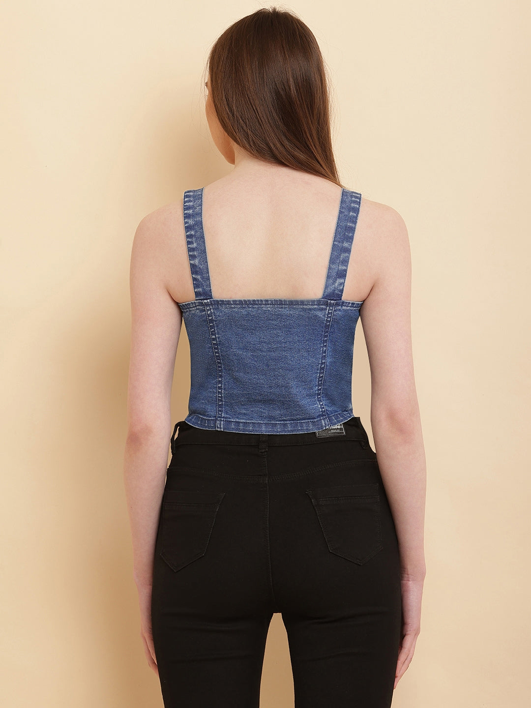 PUELLA Women’s Blue Washed Denim Button-Front Crop Top