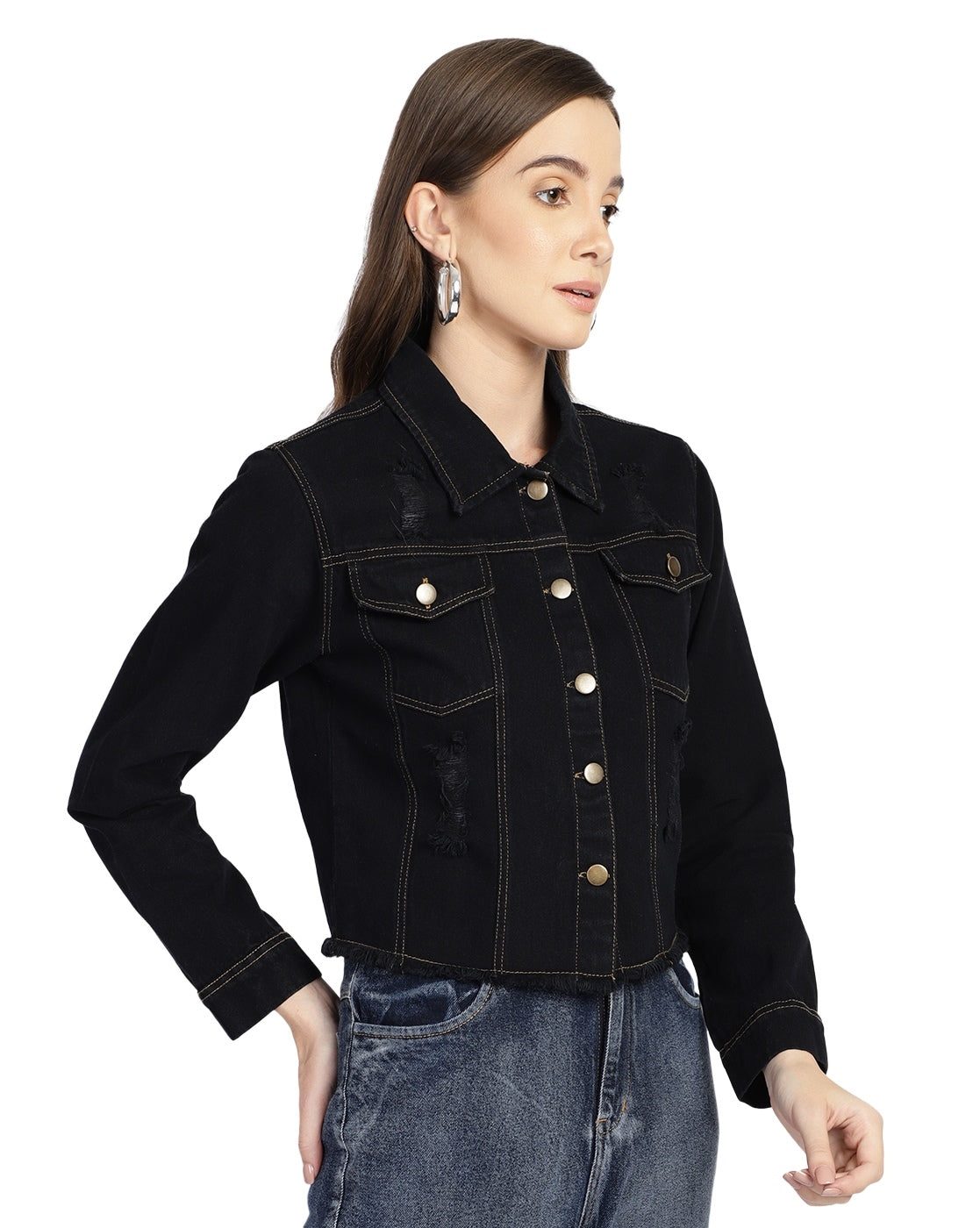 PUELLA Women’s Black Cropped Denim Jacket with Distressed Detailing