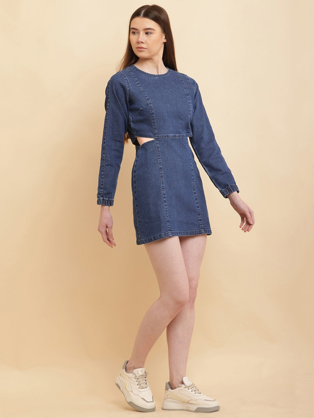 PUELLA Women Blue Solid Denim Cut-Out Mini Dress