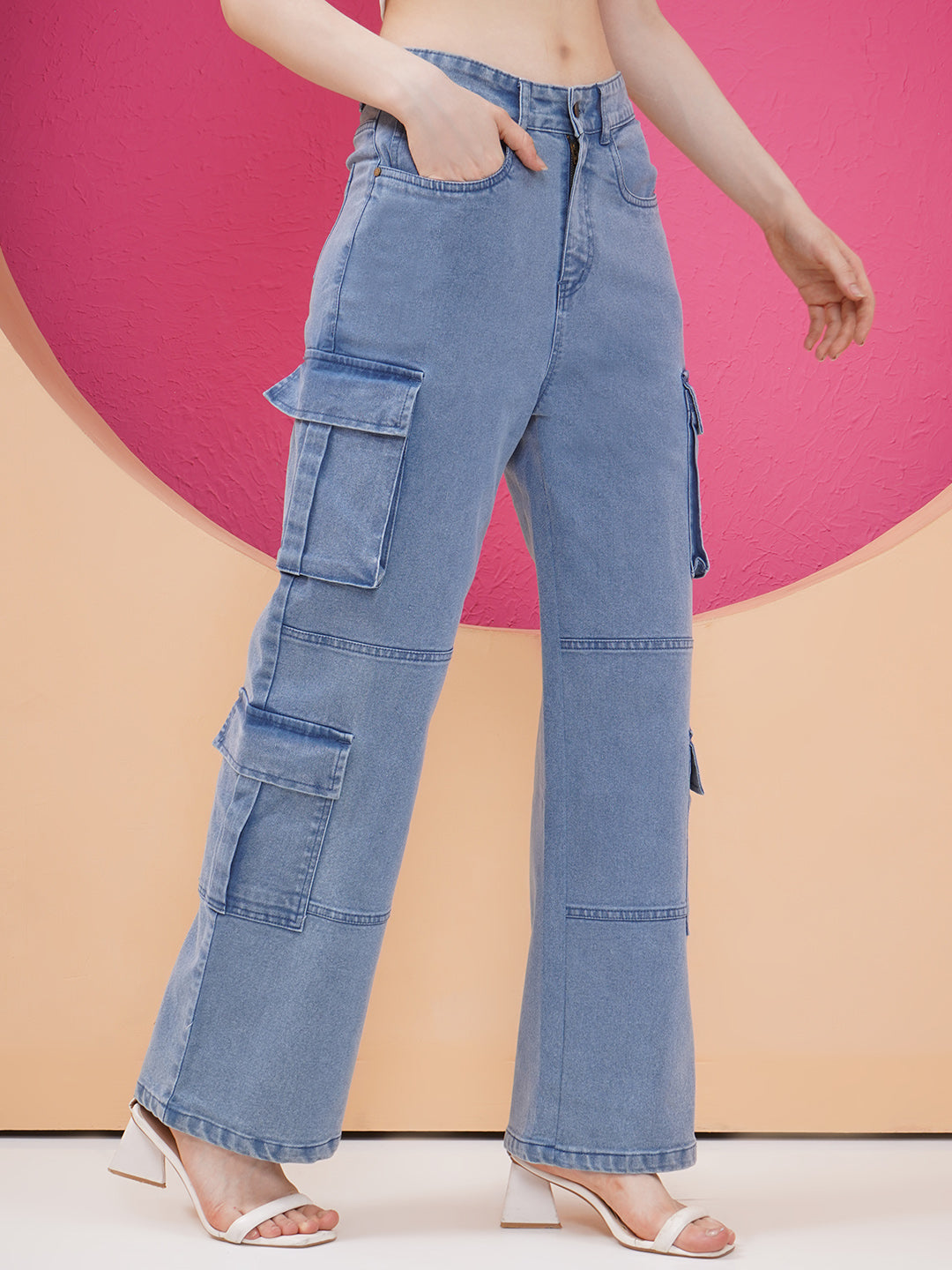 PUELLA Women Light Blue High-Rise Cargo Wide-Leg Jeans