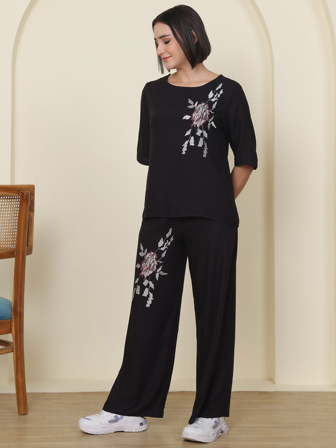 PUELLA Women Black Embroidered Pure Cotton Co-ord Set