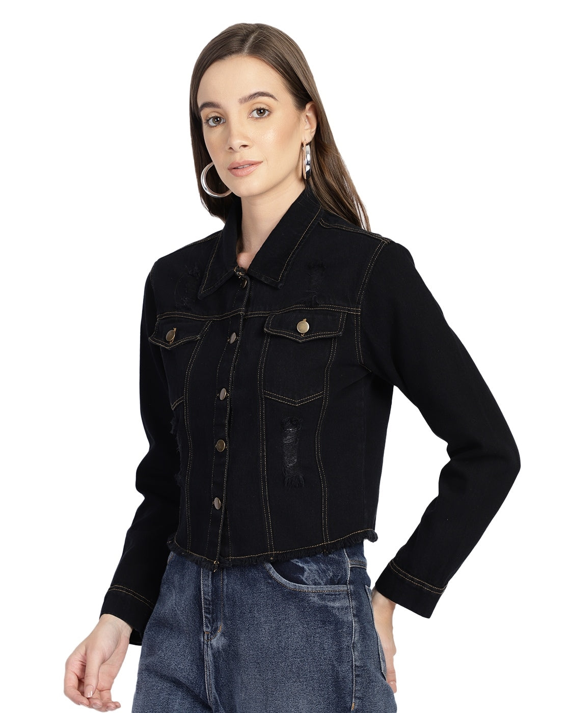 PUELLA Women’s Black Cropped Denim Jacket with Distressed Detailing