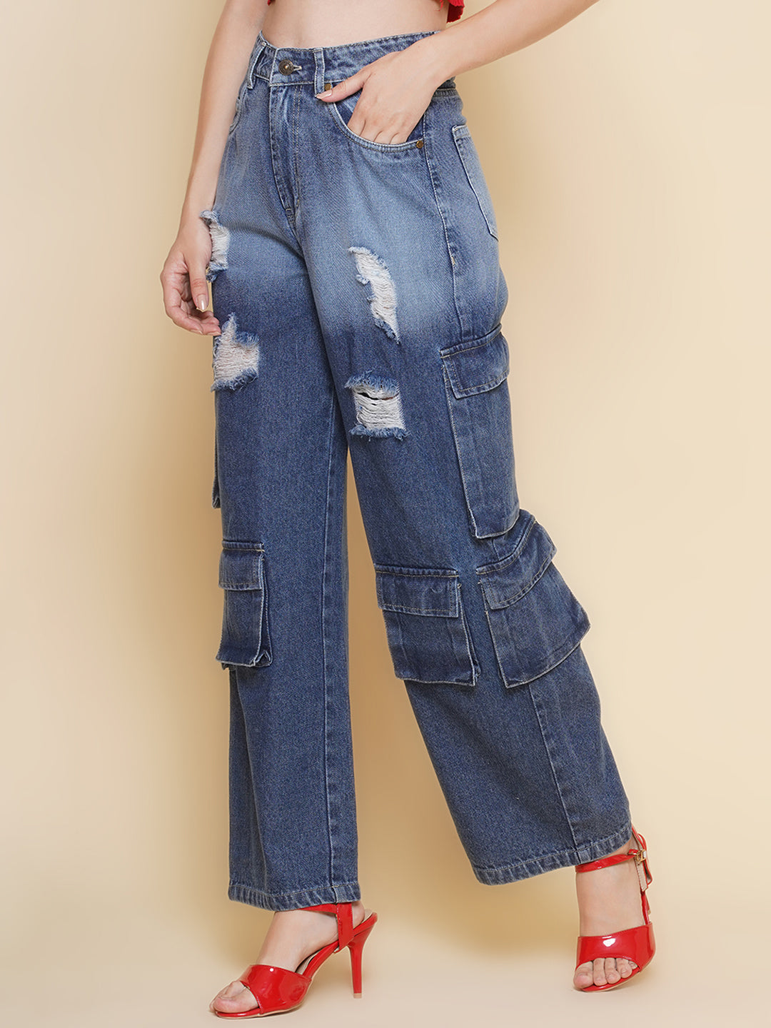 PUELLA Women Blue High-Rise Distressed Cargo Jeans