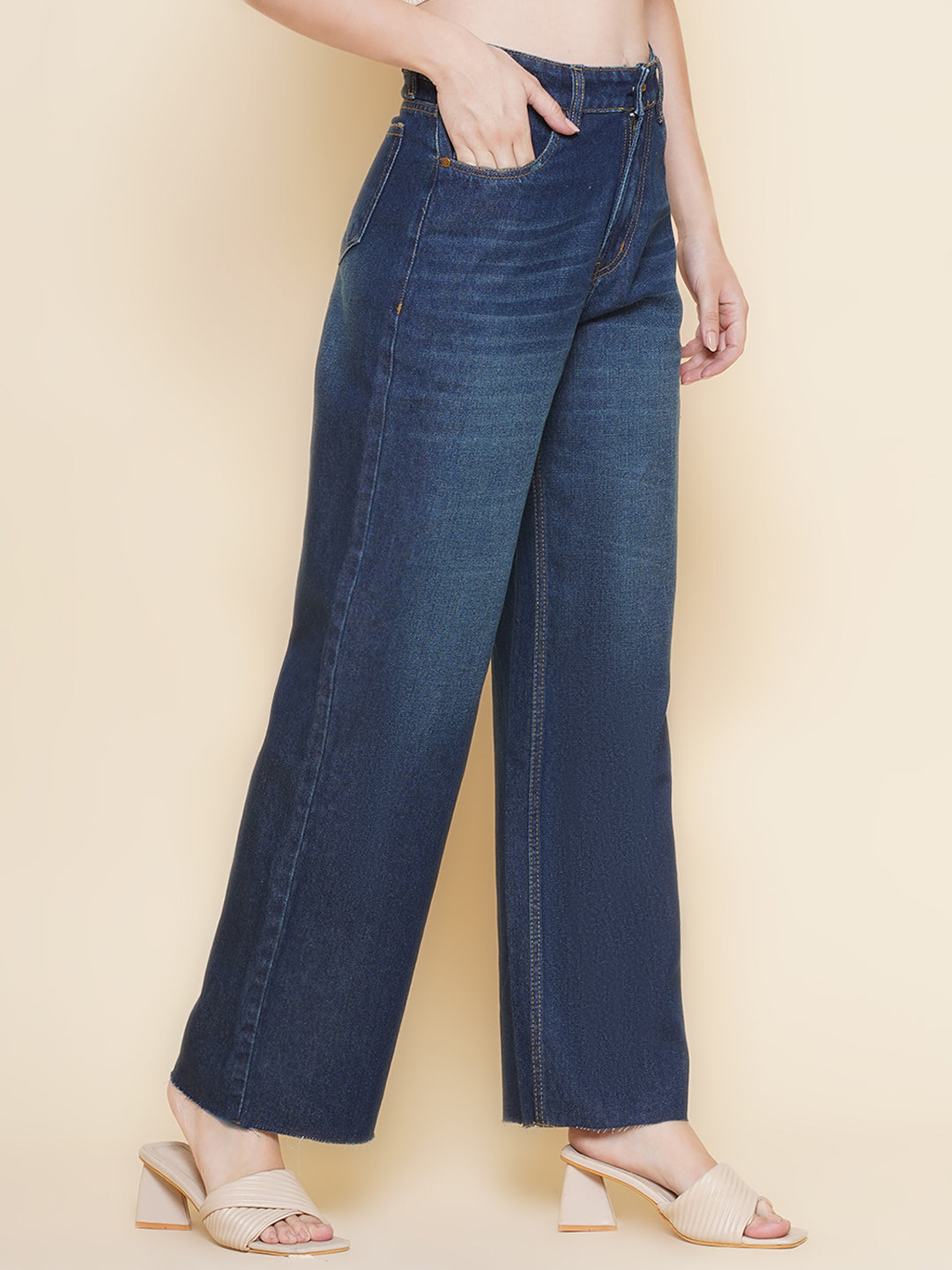 PUELLA Women’s Dark Blue High-Rise Wide-Leg Jeans