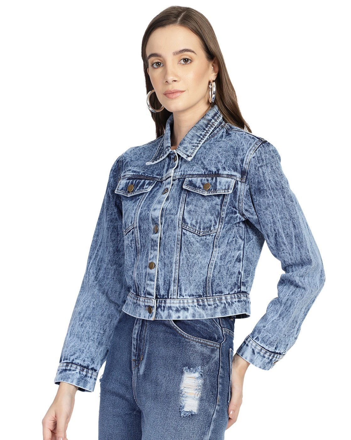 PUELLA Women’s Light Blue Acid Wash Cropped Denim Jacket with Button Closure