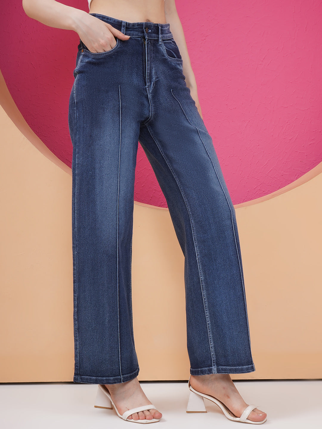 PUELLA Women Dark Blue High-Rise Wide-Leg Jeans