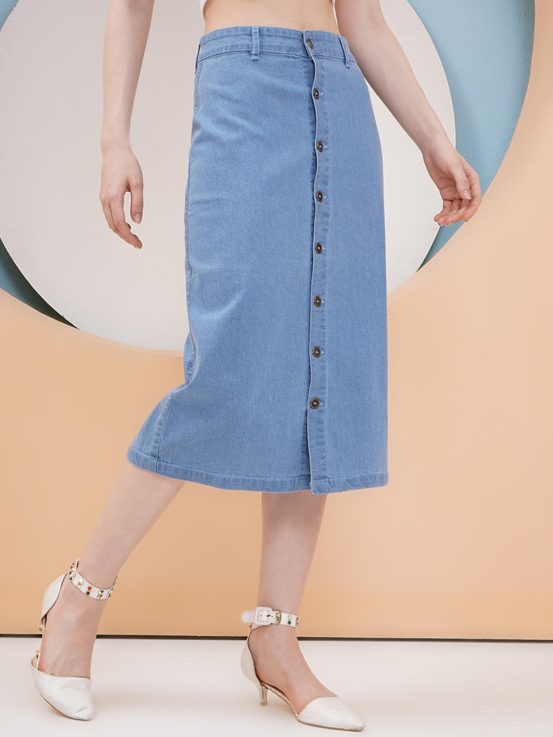PUELLA Women’s Light Blue Button-Down Denim Midi Skirt