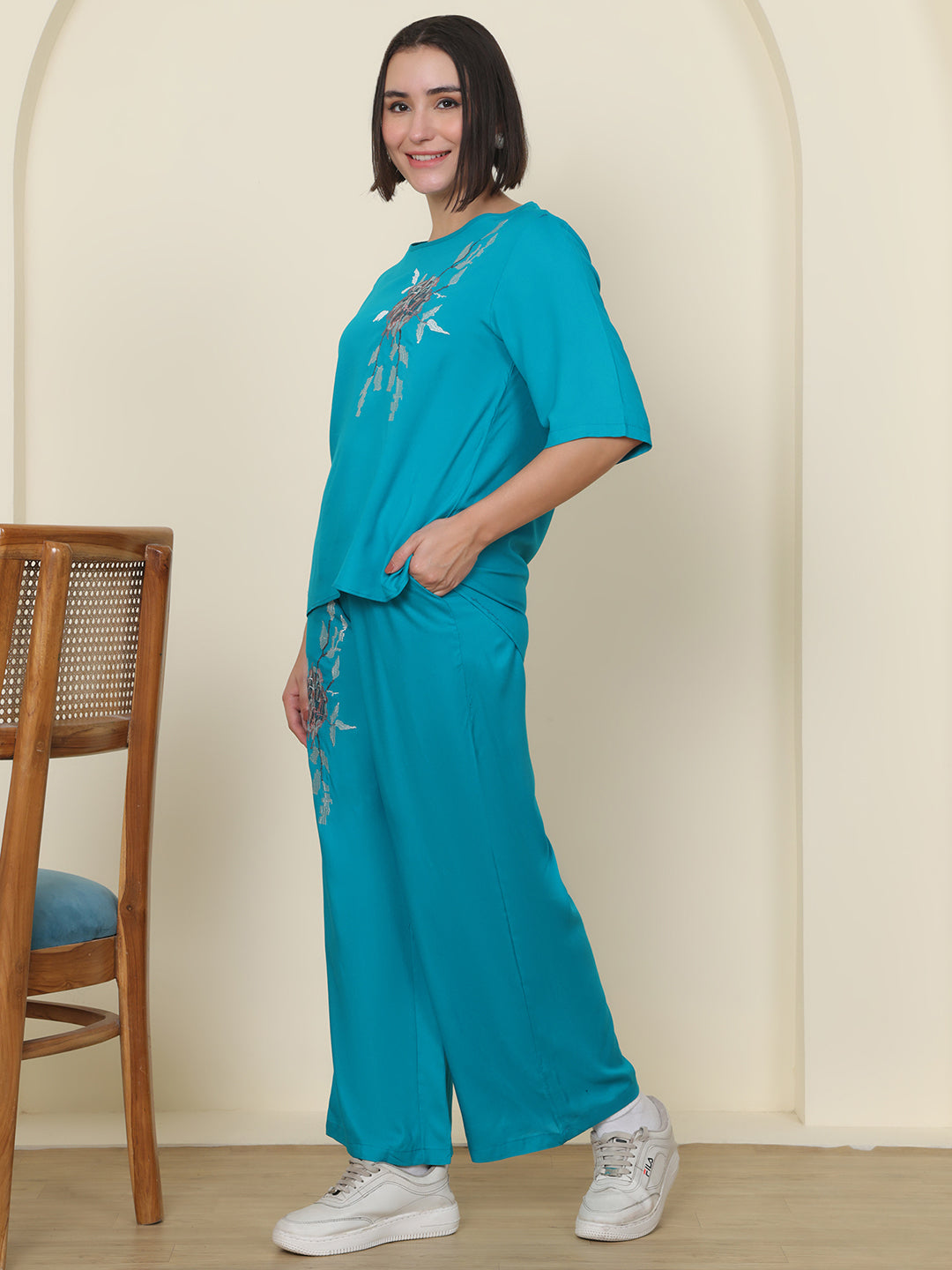 PUELLA Women Teal Blue Embroidered Pure Cotton Co-ord Set