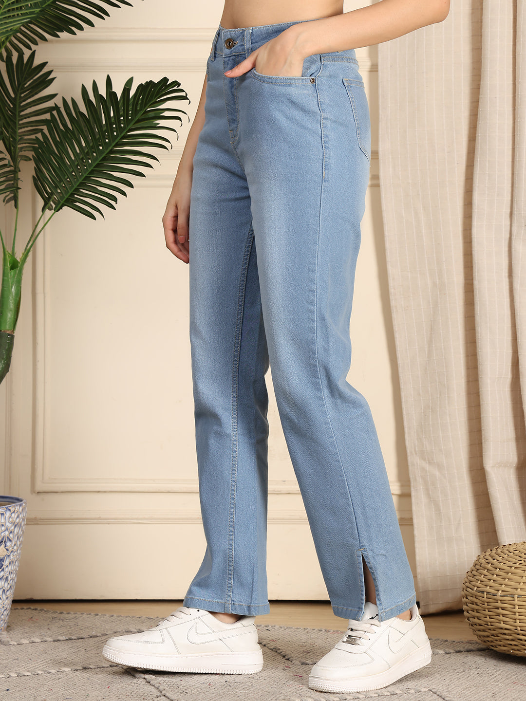 PUELLA Women High-Rise Light Blue Straight Fit Jeans with Side Slit