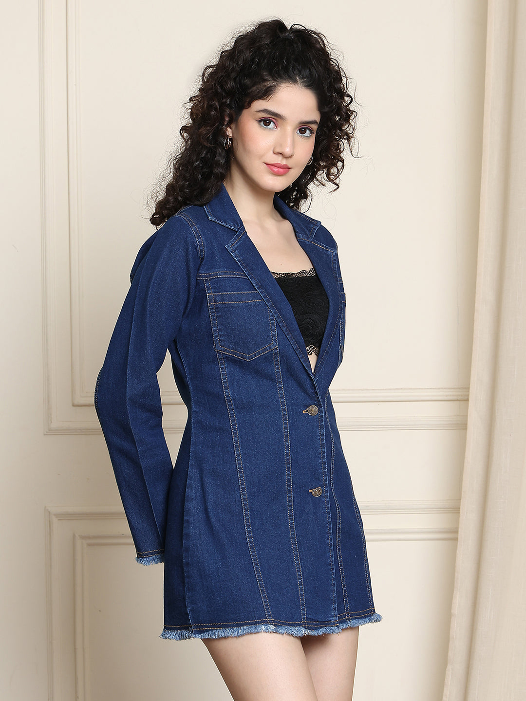 PUELLA Women’s Dark Blue Denim Blazer Style Mini Dress with Long Sleeves
