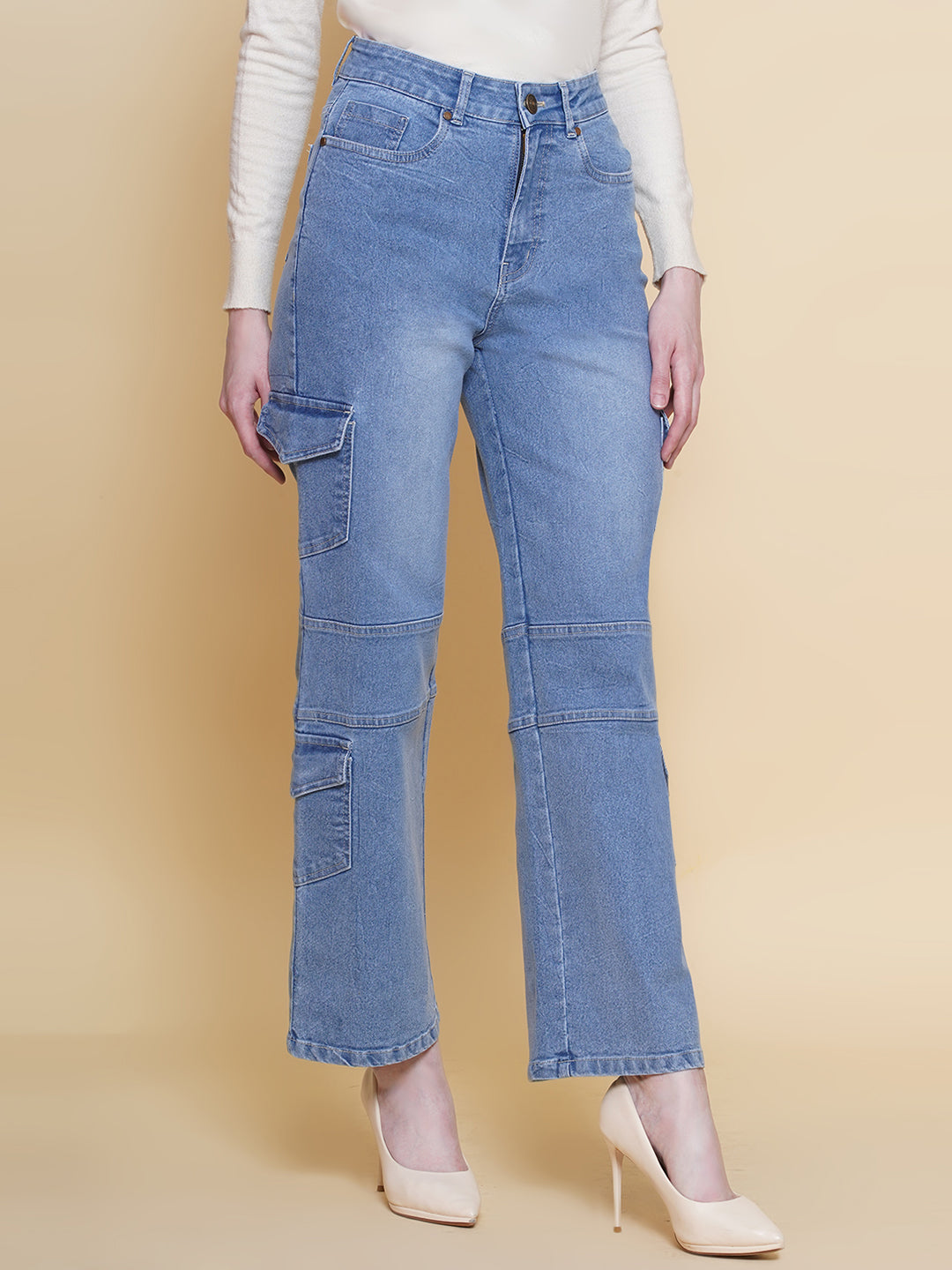 PUELLA Women Light Blue High-Rise Straight Cargo Jeans