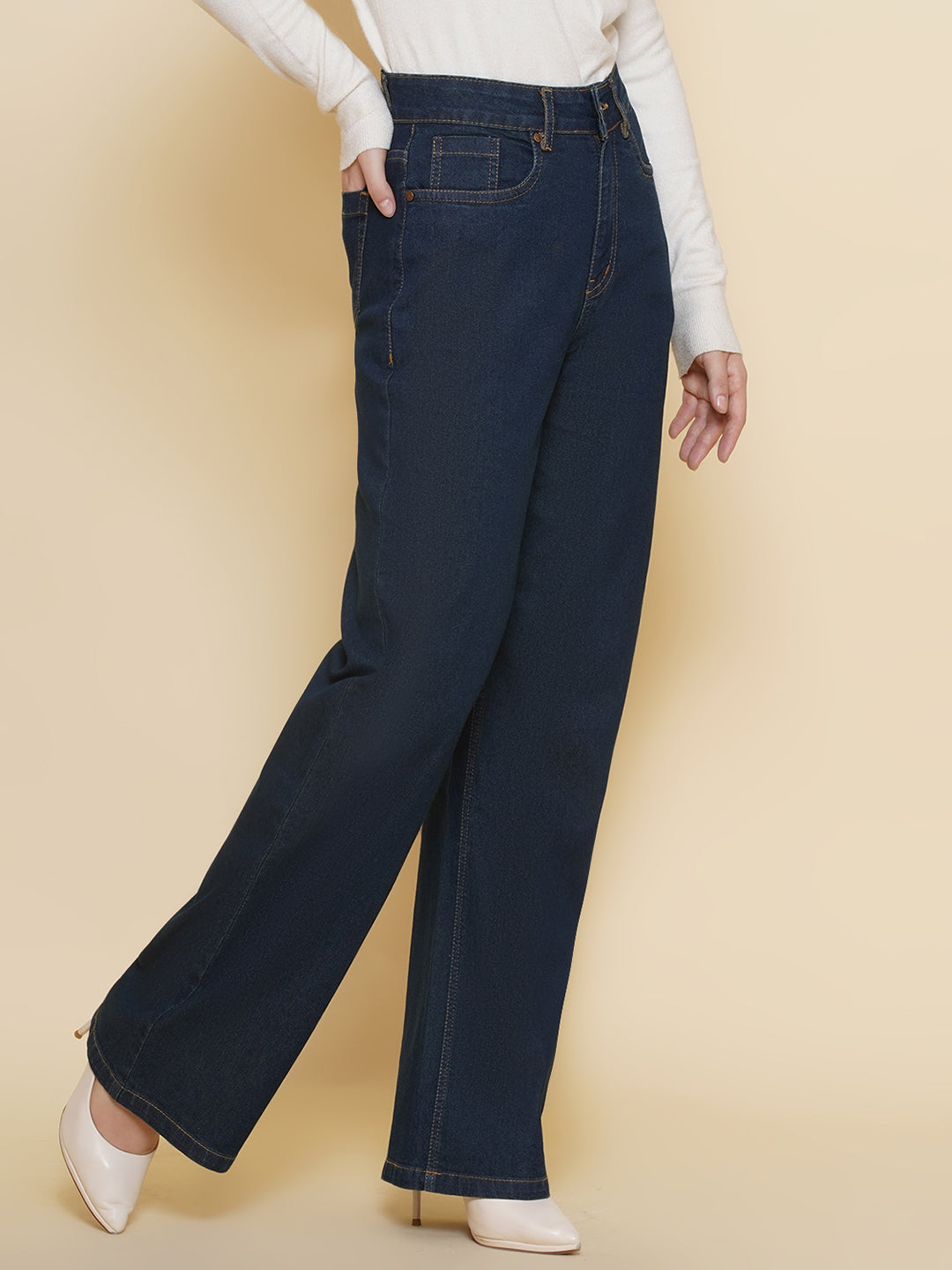 PUELLA Women Dark Indigo High-Rise Wide-Leg Jeans