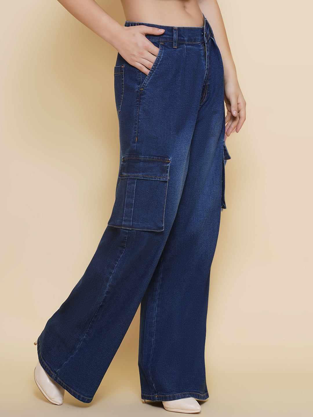 PUELLA Women Dark Blue High-Rise Wide-Leg Cargo Jeans