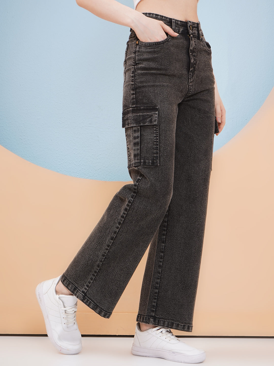 PUELLA Women Black Washed High-Rise Cargo Wide-Leg Jeans