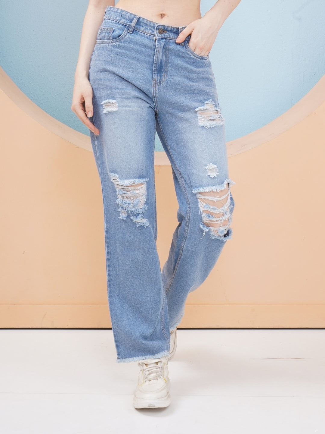 PUELLA Women Light Blue High-Rise Distressed Straight Fit Jeans