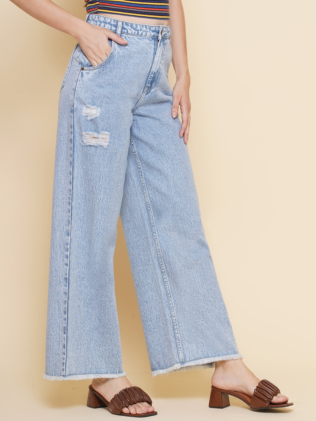 PUELLA Women Light Blue High-Rise Distressed Wide-Leg Jeans