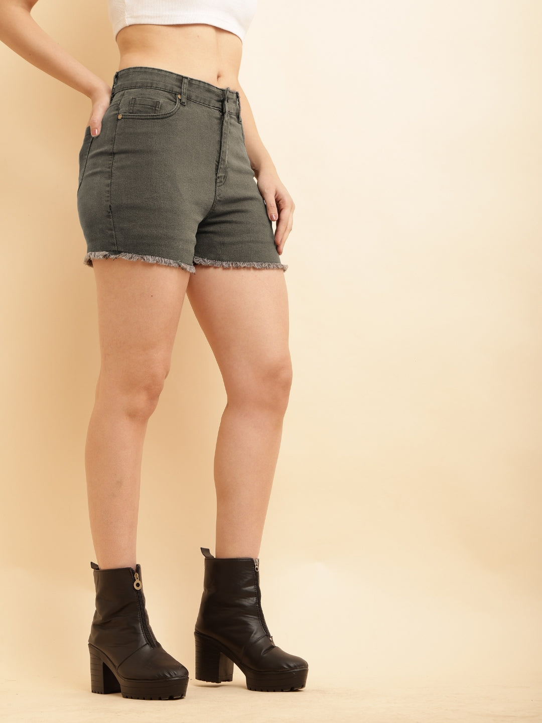 PUELLA Women Grey High-Rise Slim Fit Denim Shorts