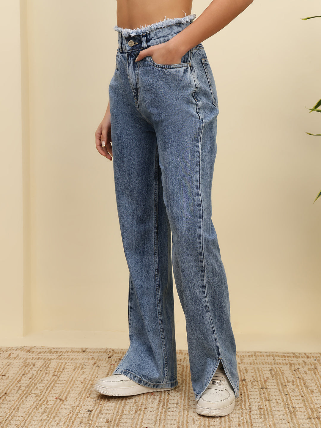Women’s Blue High-Rise Straight Fit Jeans with Raw Edge Waist and Front Slit