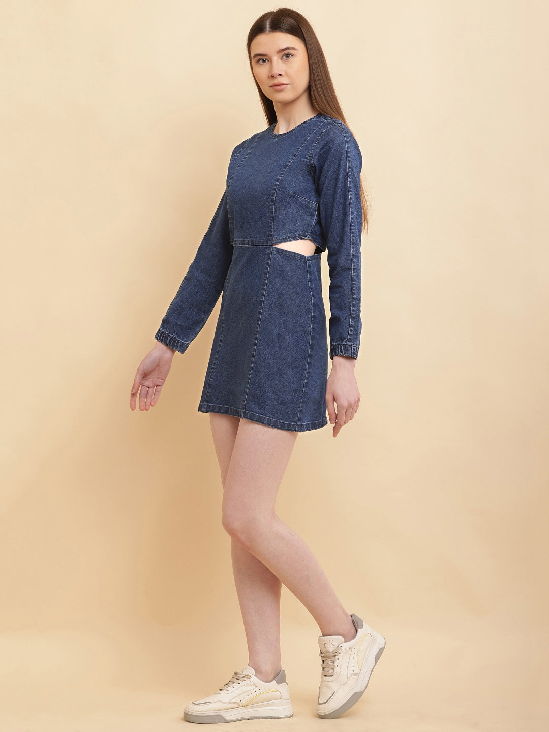 PUELLA Women Blue Solid Denim Cut-Out Mini Dress