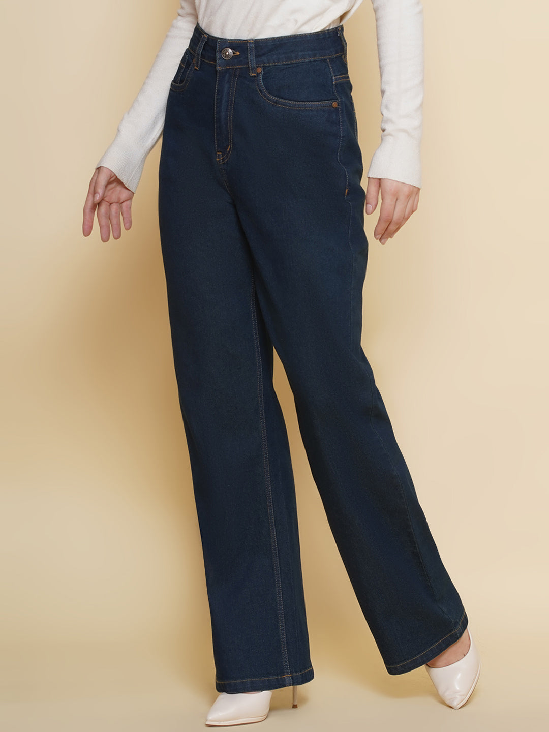 PUELLA Women Dark Indigo High-Rise Wide-Leg Jeans