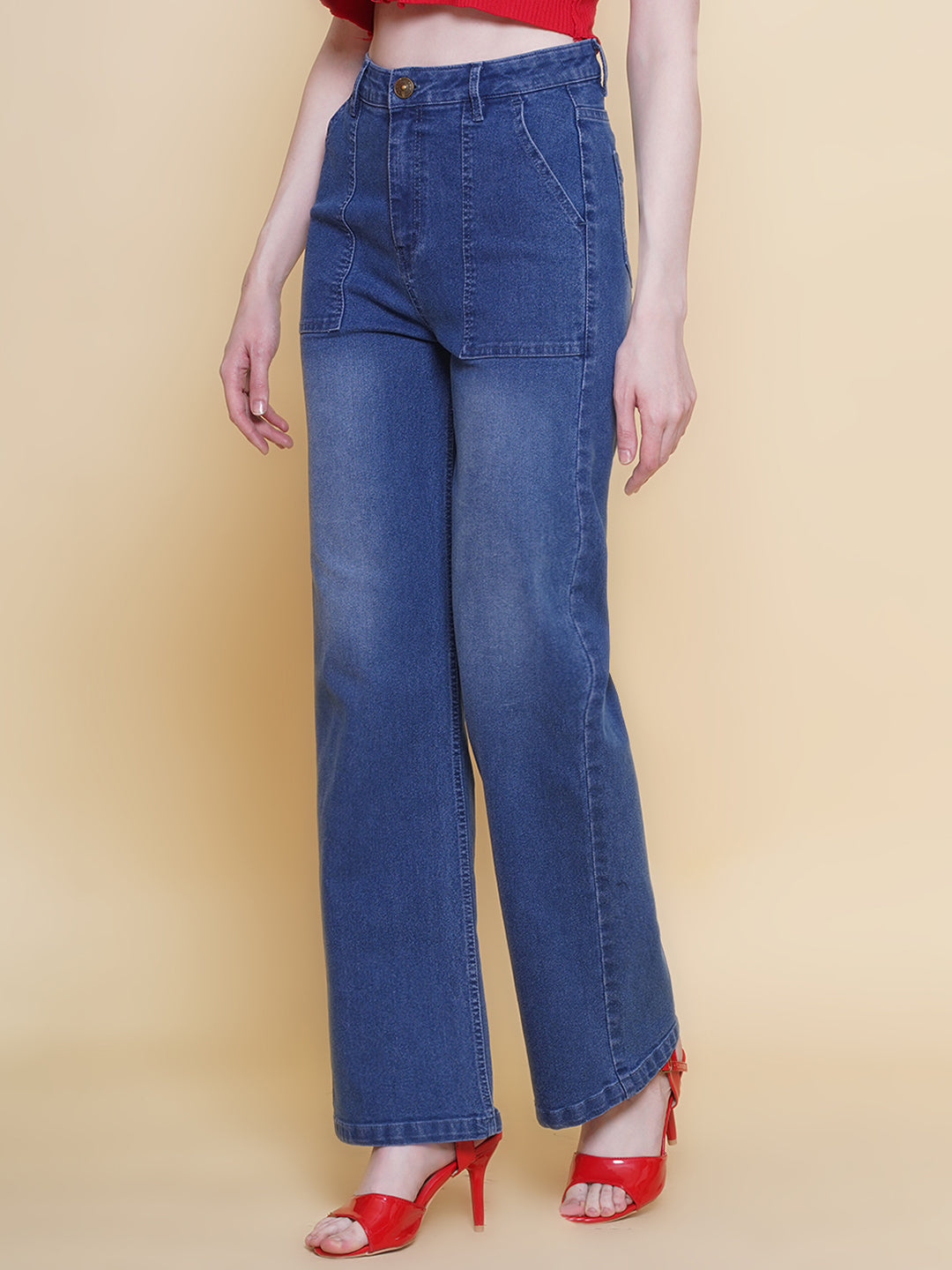 PUELLA Women Mid-Blue High-Rise Straight Fit Utility Jeans