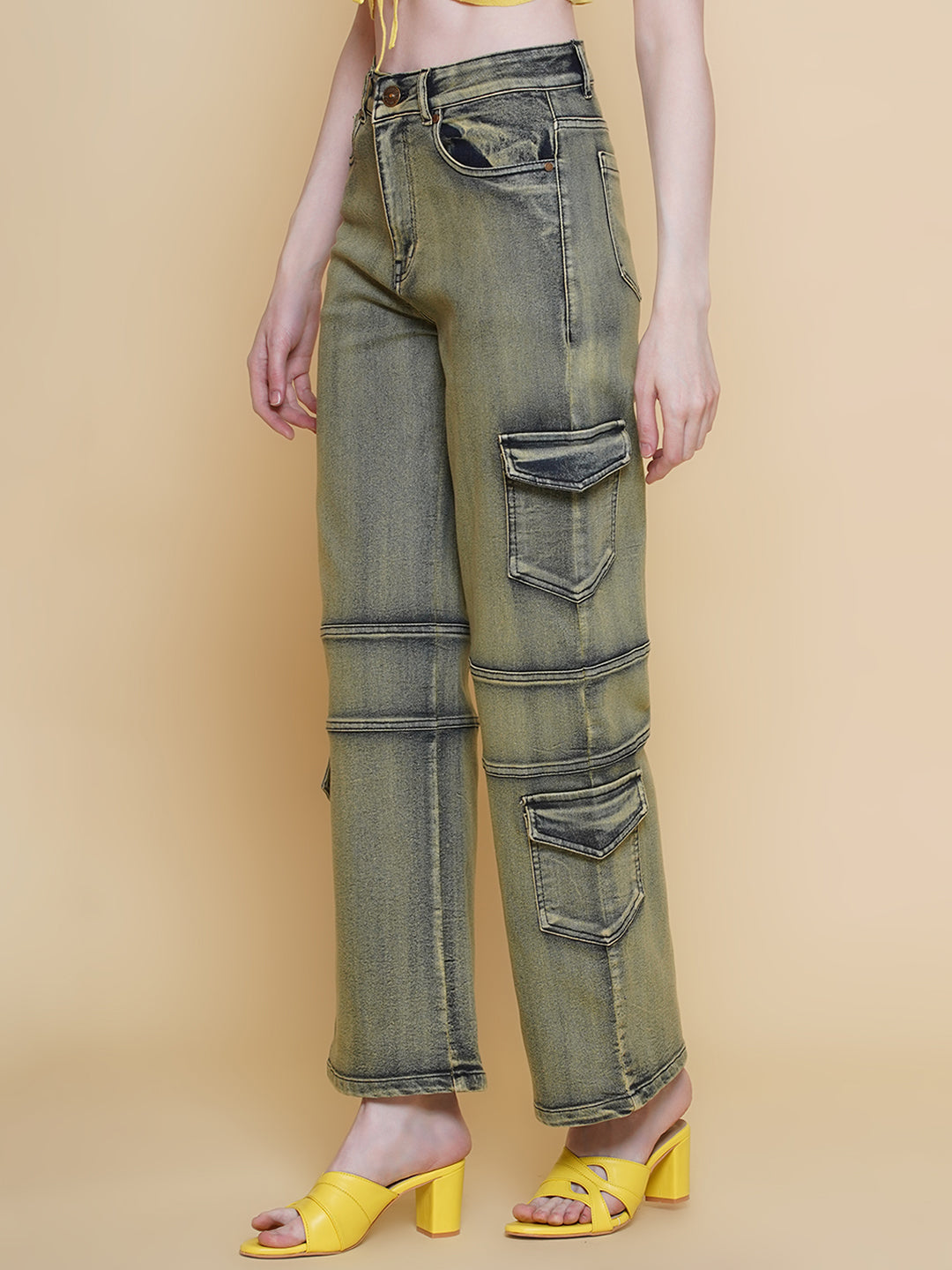 PUELLA Women Olive-Yellow Washed High-Rise Cargo Jeans