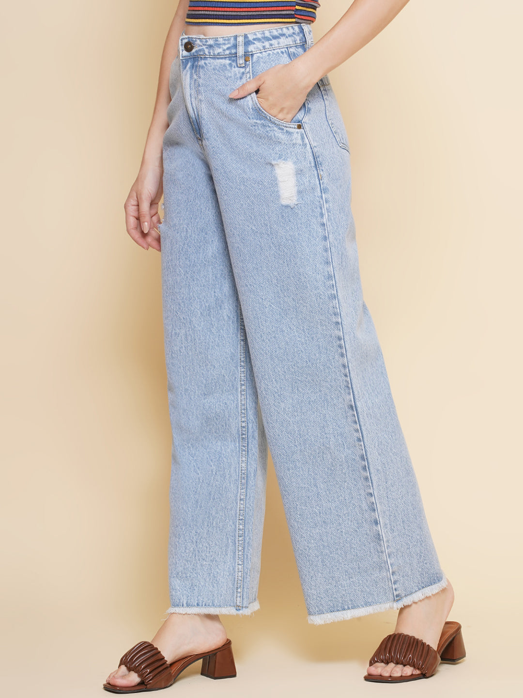 PUELLA Women Light Blue High-Rise Distressed Wide-Leg Jeans