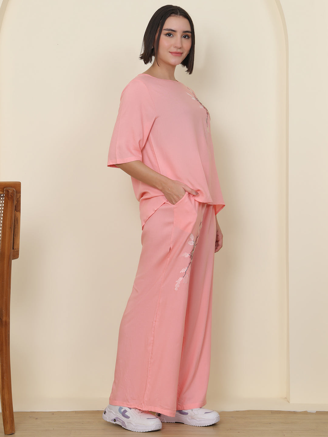 PUELLA Women Peach Embroidered Pure Cotton Co-ord Set